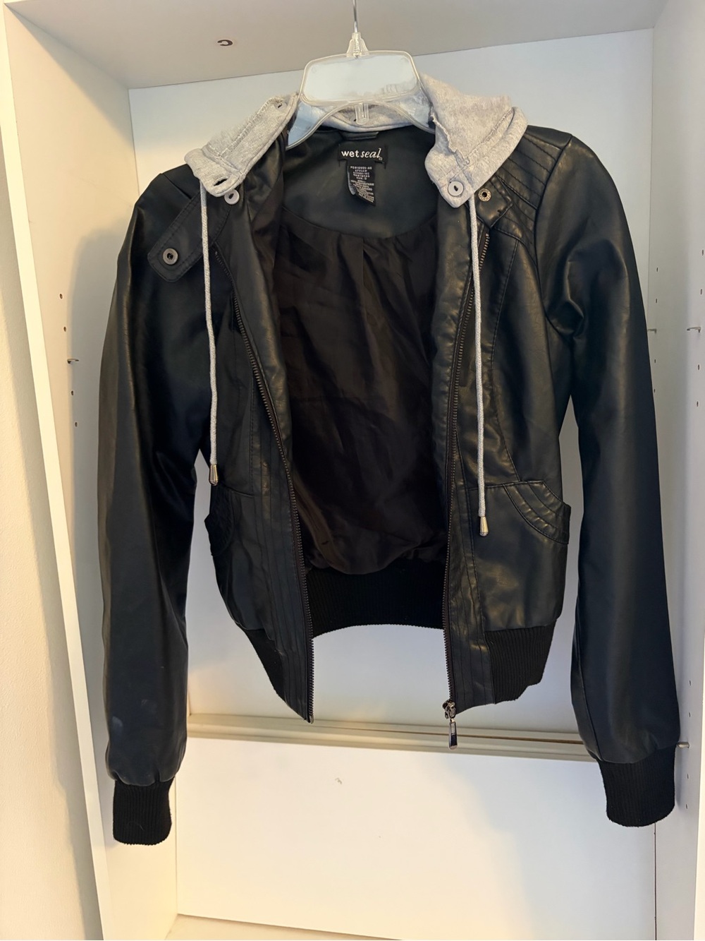 Wet Seal Black Faux Leather Bomber Jacket with Gray Hood
